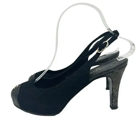 Chanel Tweed Slingback Cap Toe CC Logo Pumps Black Size 38 - Picture 7 of 12